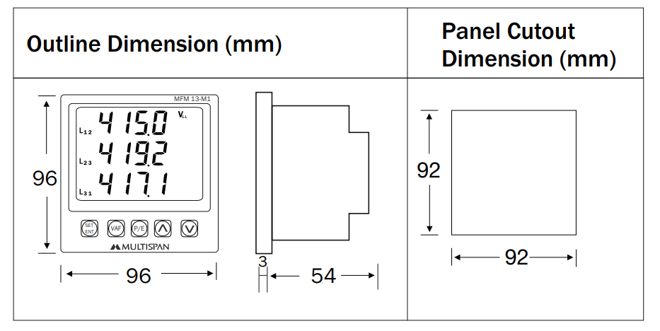 Dimension of multispan multifunction meter MFM-13 3 phase digital power meter