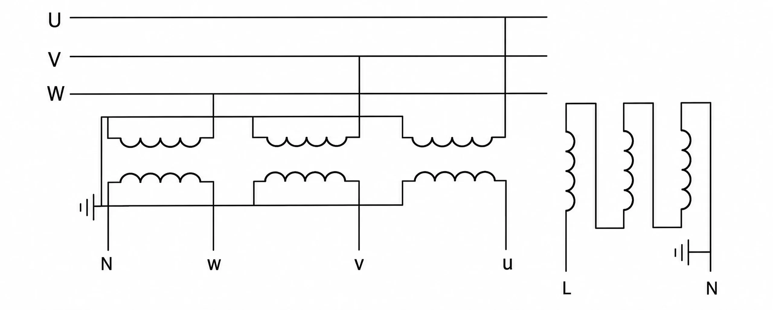 Wiring configuration for three-phase, five-limb voltage transformers
